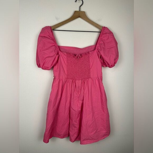 Caara Square Neck Short Puff Sleeve Barbie Pink Mini Dress Women’s Sz L - Picture 3 of 9